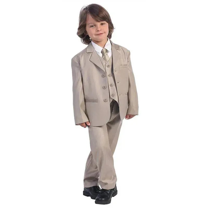 Boy wearing a khaki 3-button suit with waistcoat, white shirt, and tie, styled for formal occasions.