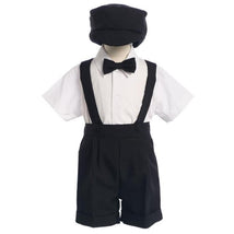 Black suspendered short set for boys, featuring a white shirt, bowtie, and matching hat in a 4-piece outfit.
