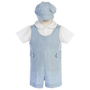 Cotton linen overall set in blue with a short-sleeve white shirt and matching hat, designed for children.