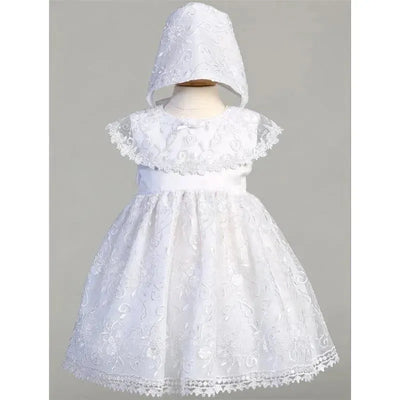 Baby girl white embroidered tulle dress with matching bonnet, featuring lace trim and floral designs.