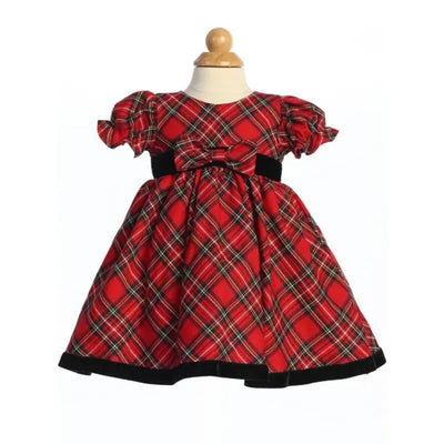 Plaid Christmas dress featuring red, green, and black colors, with puff sleeves and a black bow at the waist.