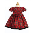 Red, green, and black plaid Christmas dress with puff sleeves and a tie waist detail, designed for festive occasions.