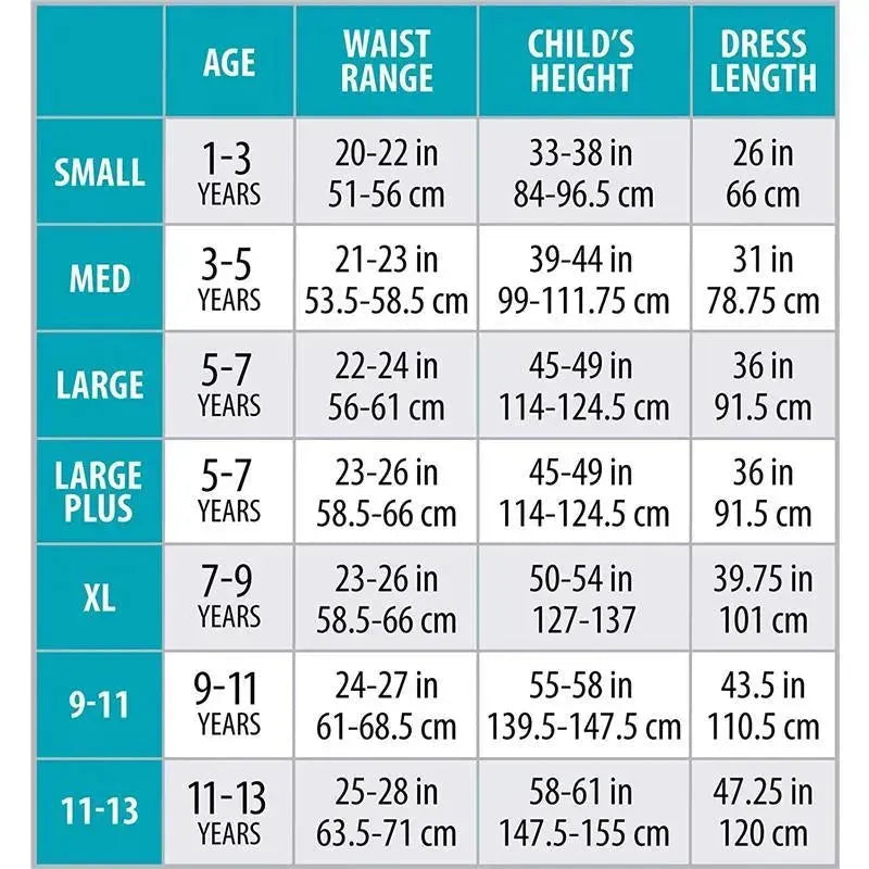 Size chart for Little Adventures Alice Princess Dress Up Costume, detailing age, waist range, height, and dress length.