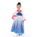 Asian princess costume featuring a girl in a colorful dress with floral designs and bell sleeves.