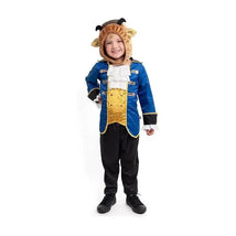 Child wearing a blue and gold Beast Prince costume with a matching hood featuring animal ears, smiling confidently.