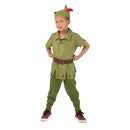 Child wearing a green Peter Pan costume with a feathered cap and a brown belt, standing confidently with hands on hips.