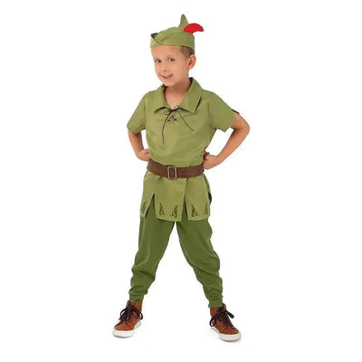 Child wearing a green Peter Pan costume with a feathered cap and a brown belt, standing confidently with hands on hips.