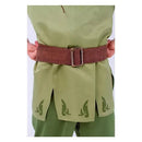 Child-sized Peter Pan costume featuring a green tunic with decorative leaf patterns and a brown belt.