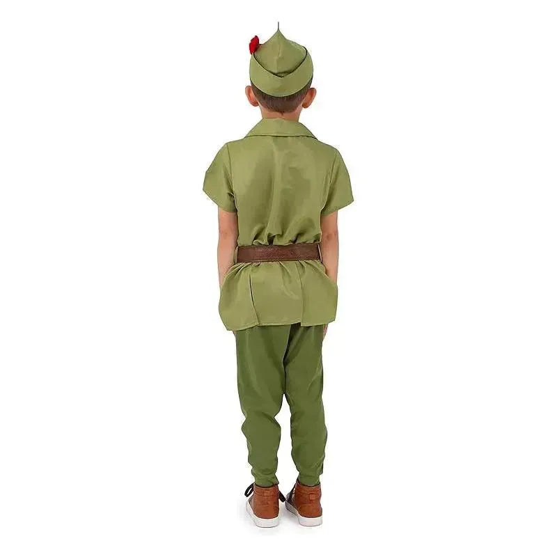 Child wearing a green Peter Pan costume with a hat and brown belt, seen from the back.