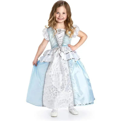 Cinderella princess dress costume featuring a light blue gown with floral patterns and ruffled accents, worn by a smiling girl.