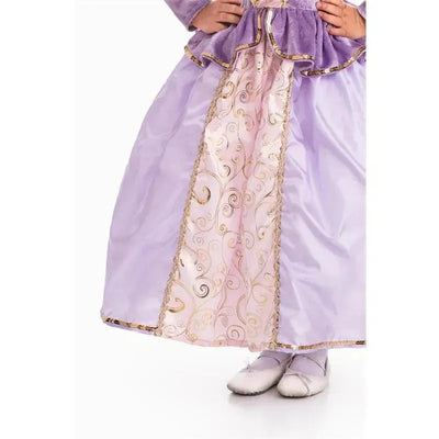 Classic Rapunzel toddler costume featuring a purple dress with decorative gold swirls and soft white shoes.