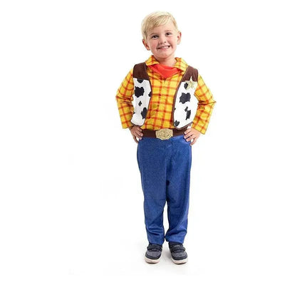 Cowboy costume set for kids featuring a yellow plaid shirt, brown vest with cow spots, blue pants, and a belt.