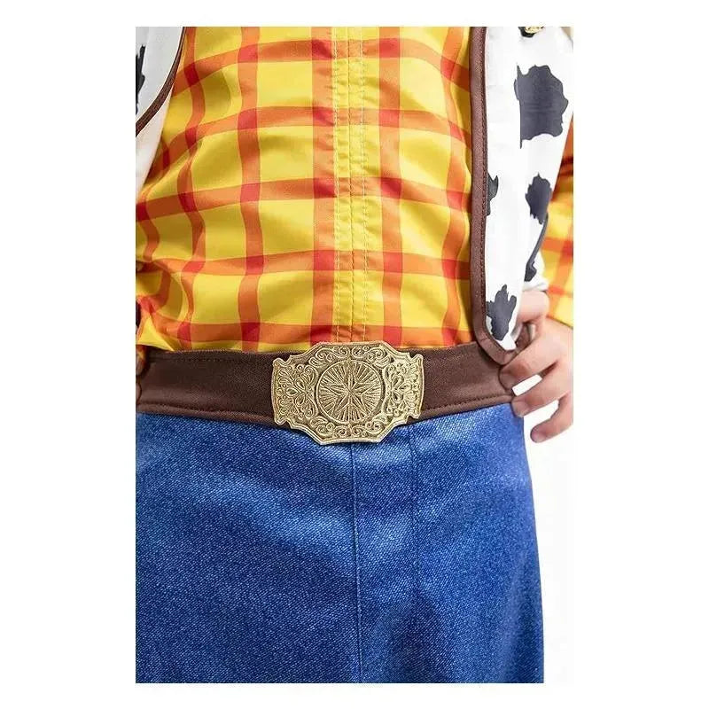 Cowboy costume set featuring a yellow and red plaid shirt, blue denim pants, and a decorative belt buckle.