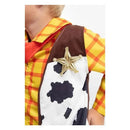 Cowboy costume set featuring a child wearing a yellow and red plaid shirt, brown vest, and a star badge.