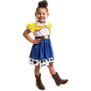 Cowgirl Jesse Toy Story dress-up costume featuring a girl in a yellow and white top, blue skirt with cow print, and brown boots.