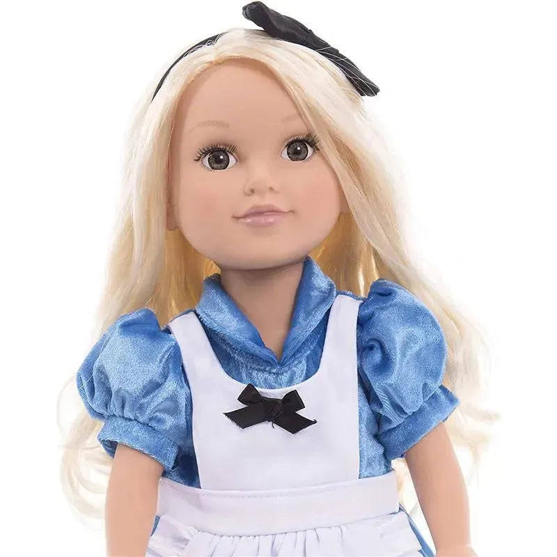 Doll dressed as Alice from Wonderland, featuring a blue dress, white apron, and a black hair bow.