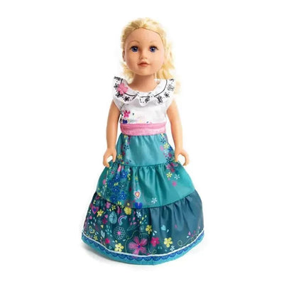 Doll dressed as a princess in a colorful tiered gown with floral patterns and a ruffled neckline, smiling.