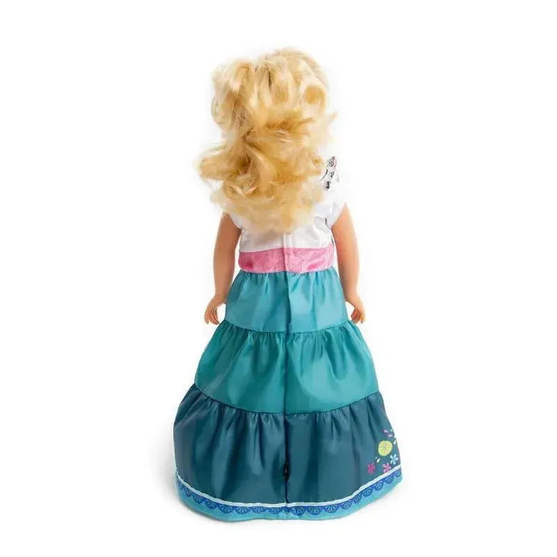 Doll dressed in a teal and pink Miracle Princess dress, featuring a tiered skirt and decorative accents.