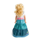 Doll dressed in a teal and pink Miracle Princess dress, featuring a tiered skirt and decorative accents.