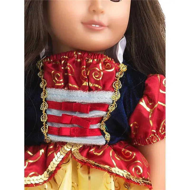Doll dressed as Snow White, featuring a red and blue gown with golden accents and decorative bodice details.