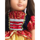 Doll dressed as Snow White, featuring a red and blue gown with golden accents and decorative bodice details.