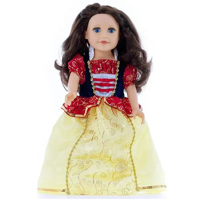 Doll dressed as Snow White, featuring a red and blue bodice with gold detailing and a flowing yellow skirt.