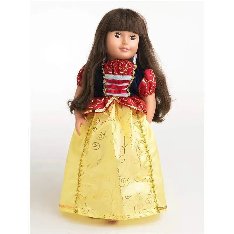 Doll dressed as Snow White, featuring a red bodice with blue accents and a long yellow skirt with decorative patterns.