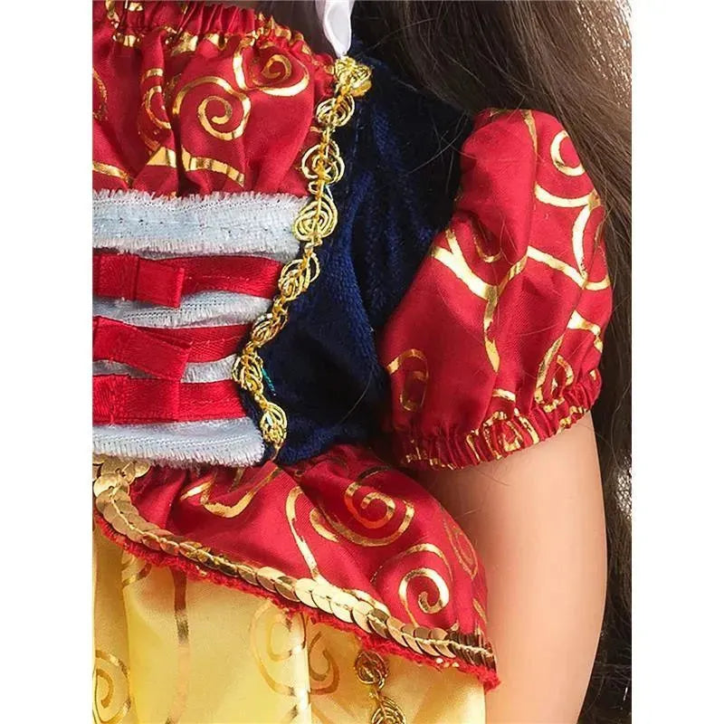 Snow White doll dress featuring intricate gold swirls, red and blue fabric, and silver detailing.
