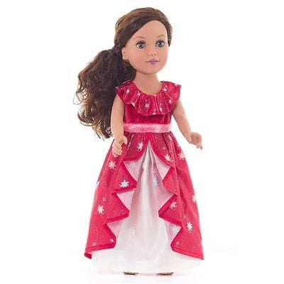 Doll wearing a red Spanish princess dress with floral details and ruffled sleeves, featuring a white underskirt.