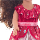 Red dress with floral patterns designed for dolls, featuring a ruffled neckline and pink waistband.