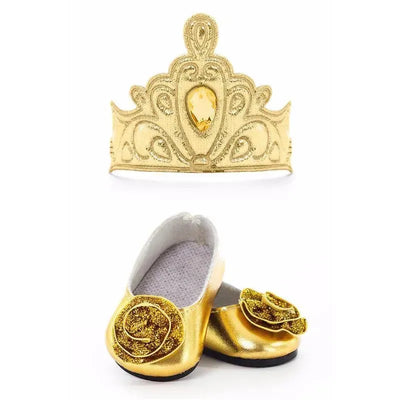 Gold doll shoes with floral embellishments and a matching golden tiara above them.