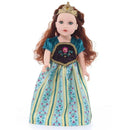 Gold tiara and doll dressed in a colorful gown with floral patterns, featuring a black bodice and long skirt.