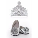 Silver doll shoes with decorative rose appliqués, paired with a matching silver tiara.