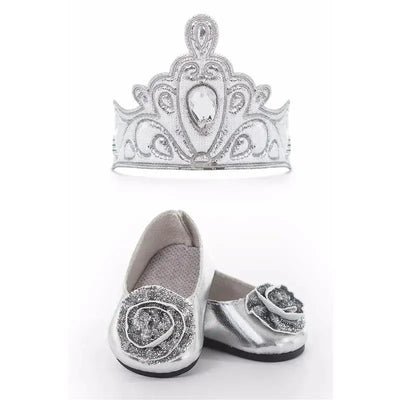 Silver doll shoes with decorative rose appliqués, paired with a matching silver tiara.