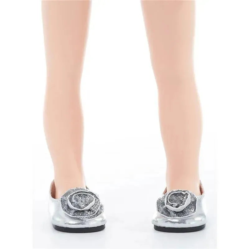 Silver doll shoes featuring a decorative rose and glitter detail, designed for playtime and dress-up.
