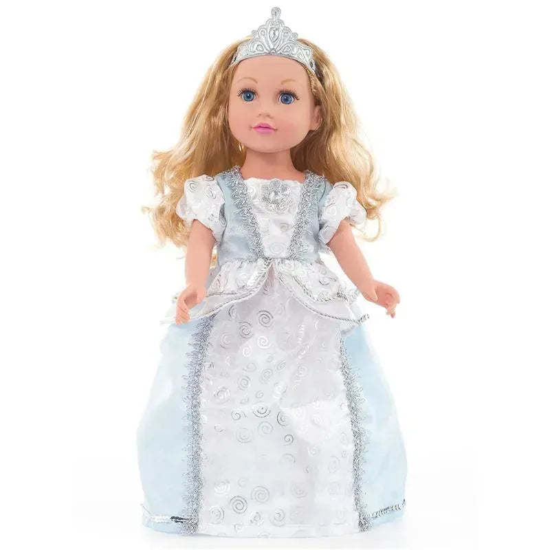 Silver doll shoes and tiara set featured on a princess doll wearing a sparkling blue and silver dress.