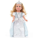 Silver doll shoes and tiara set featured on a princess doll wearing a sparkling blue and silver dress.