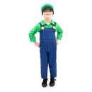 Child wearing a green shirt and blue overalls with yellow buttons, styled as a handyman hero costume.