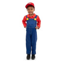 Child wearing a red shirt, blue overalls with yellow buttons, and a red cap, styled as a handyman character.