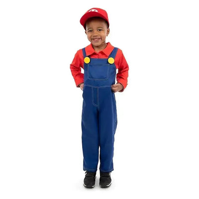 Child wearing a red shirt, blue overalls with yellow buttons, and a red cap, styled as a handyman character.