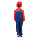 Red Handyman Hero costume set featuring a child in blue overalls and a red cap, viewed from the back.