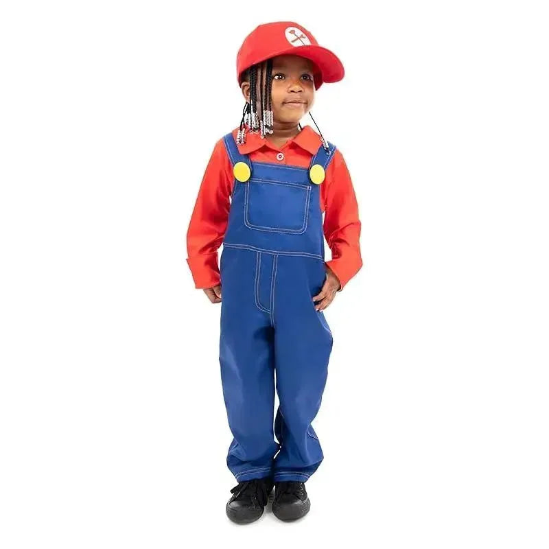 Red handyman costume set featuring a child in blue overalls, red shirt, and a matching red cap with a logo.