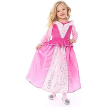 A young girl wearing a pink Sleeping Beauty princess dress, featuring a flowing skirt and sparkly detailing.
