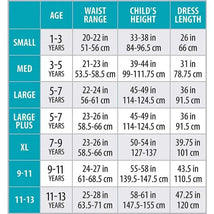 Size chart for Little Adventures Sleeping Beauty Princess Dress Up Costume, detailing age, waist range, height, and dress length measurements.