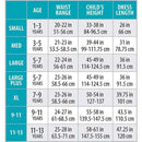 Size chart for Little Adventures Sleeping Beauty Princess Dress Up Costume, detailing age, waist range, height, and dress length measurements.
