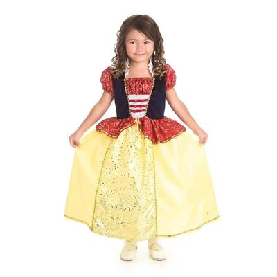 Snow White princess dress-up costume with a red and blue bodice and yellow skirt, worn by a smiling young girl.