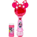 Disney Minnie Mouse light and sound musical bubble wand in pink with a bow, accompanied by a bottle of bubble solution.