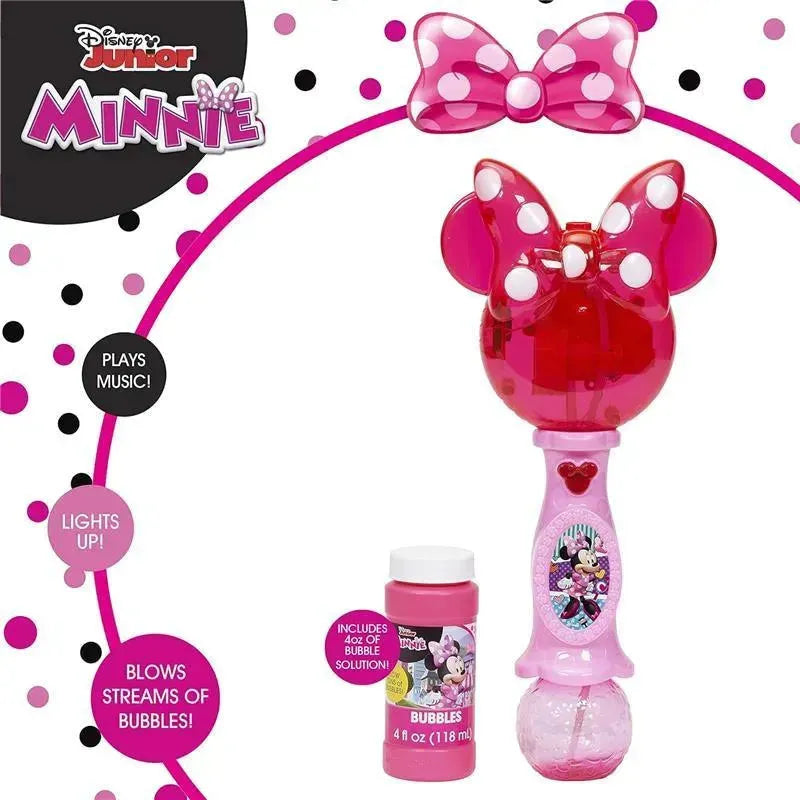 Minnie Mouse light and sound musical bubble wand, featuring pink bow, lights, music, and includes 4 oz bubble solution.