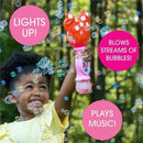 Child holding a pink Disney Minnie Mouse bubble wand that lights up, produces bubbles, and plays music, surrounded by bubbles.