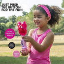 A smiling girl in a pink tank top holds a Disney Minnie Mouse bubble wand that blows bubbles, plays music, and lights up.